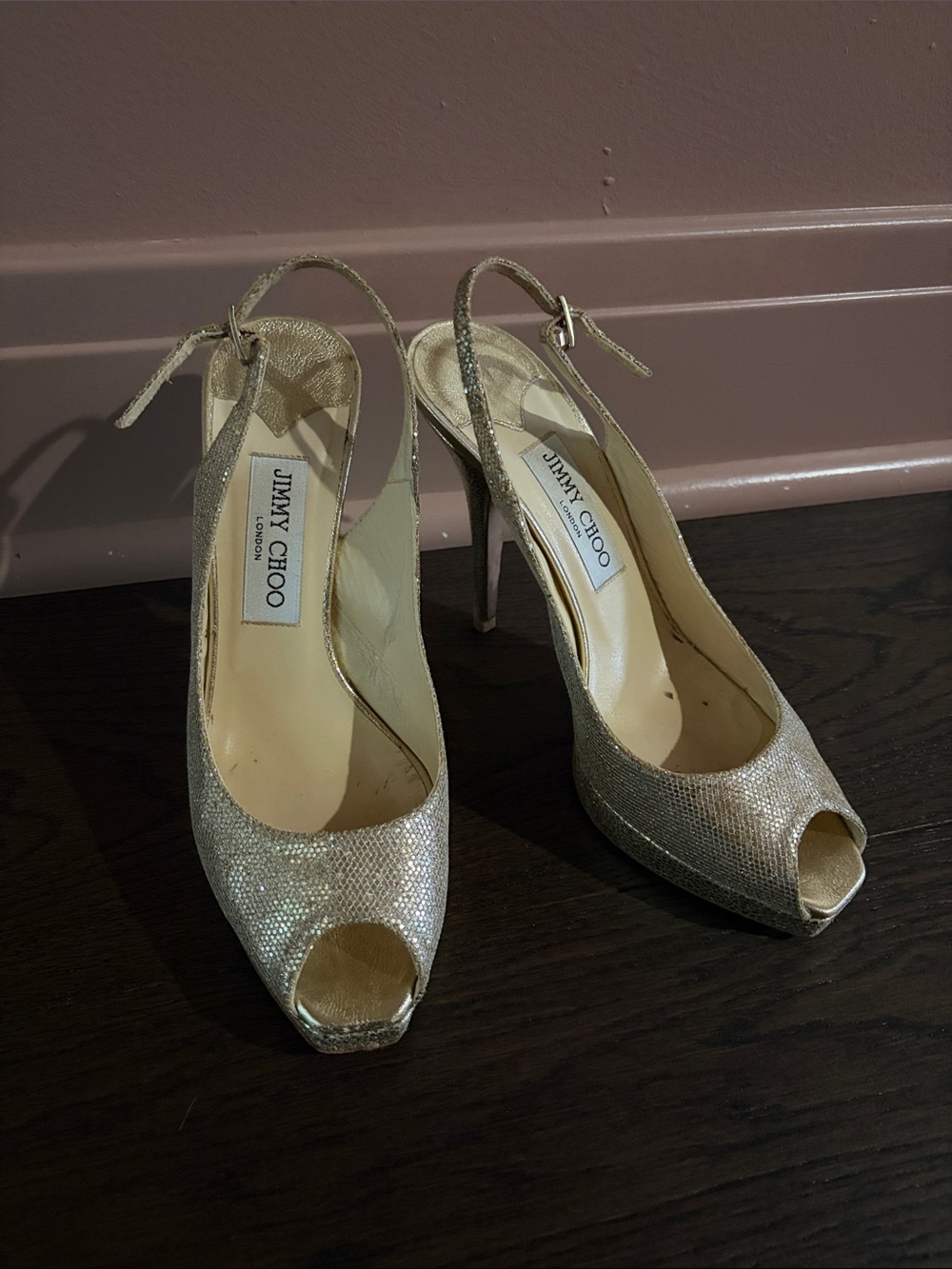 Jimmy Choo Metallic Gold Peep-Toe Slingback Heels
